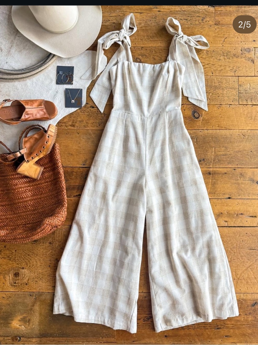 Savannah Cream Plaid Tie-Shoulder Wide-Leg Jumpsuit